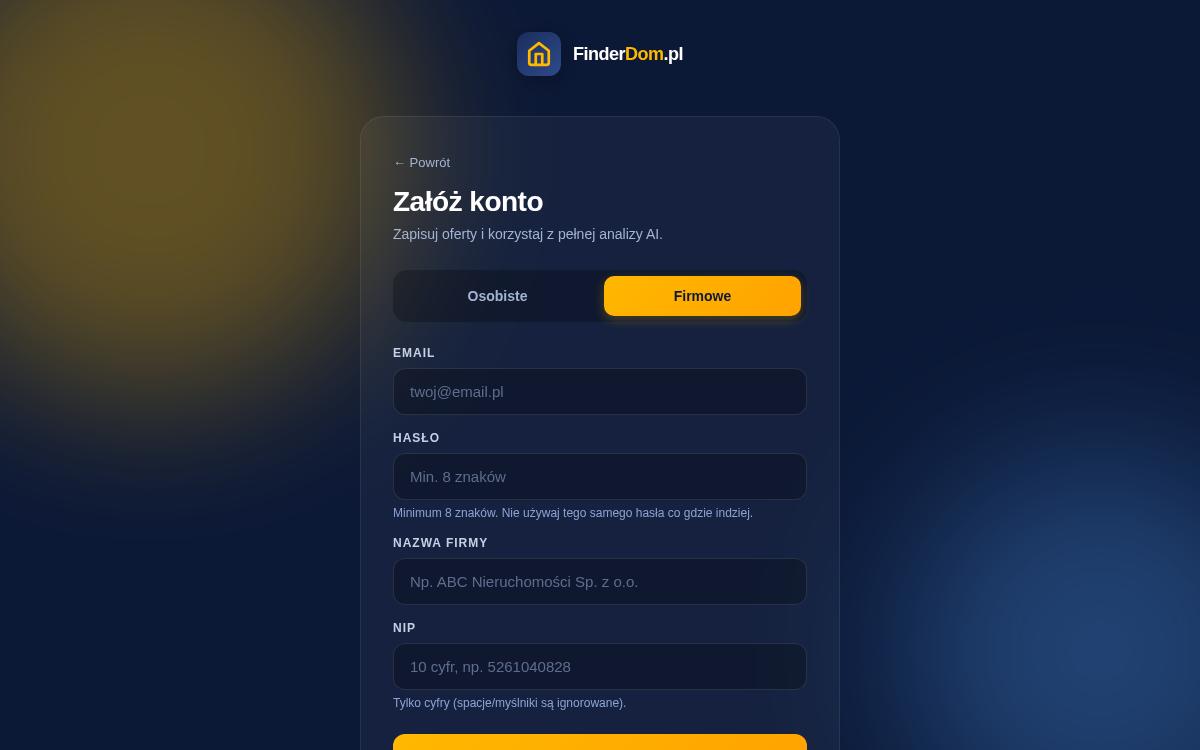 Rejestracja FinderDom.pl — wybór typu konta