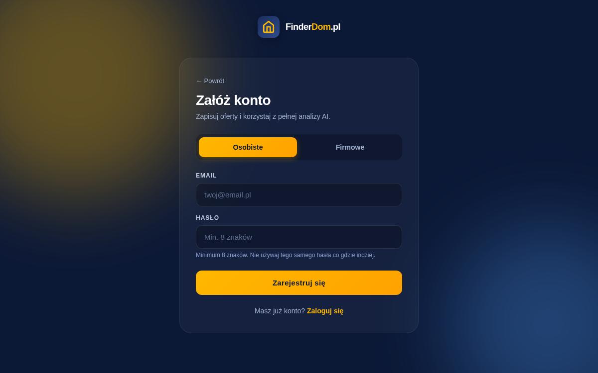 Formularz rejestracji FinderDom.pl